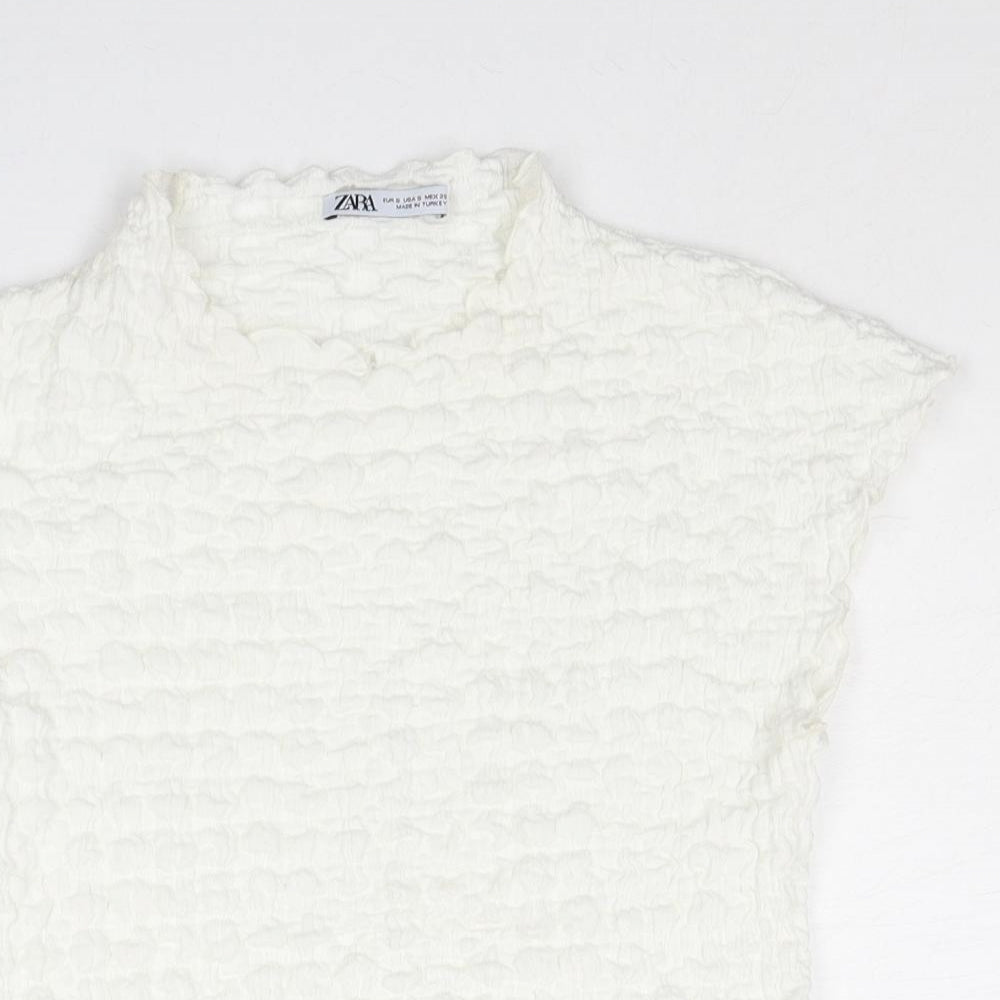 Zara Womens White Polyester Cropped Blouse Size S Mock Neck - Textured