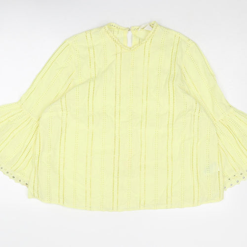 H&M Womens Yellow Cotton Basic Blouse Size 18 Round Neck - Cutwork Embroidery Trumpet Sleeves