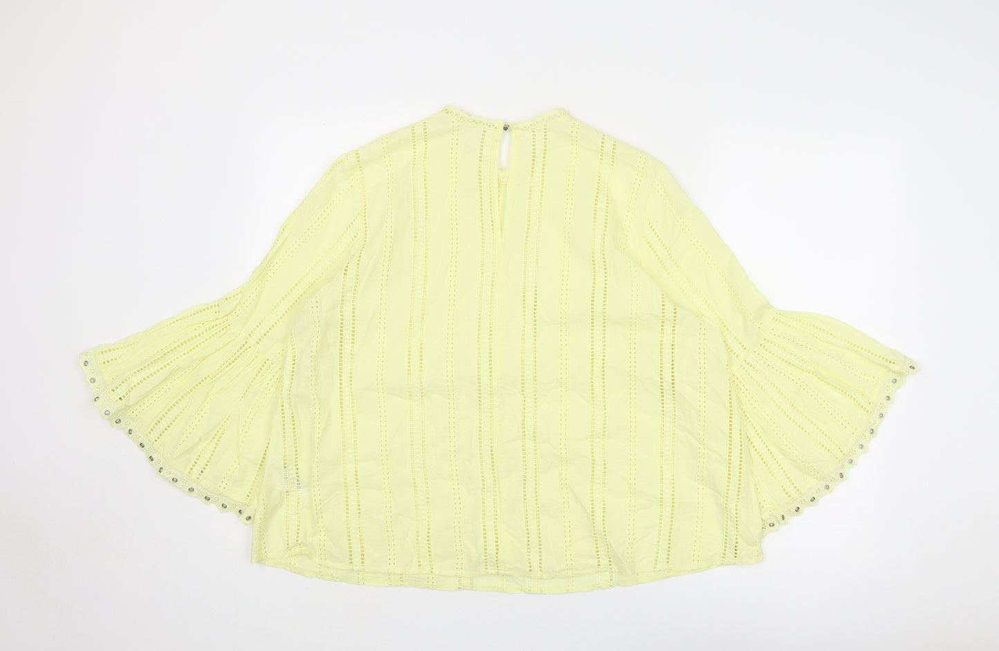 H&M Womens Yellow Cotton Basic Blouse Size 18 Round Neck - Cutwork Embroidery Trumpet Sleeves
