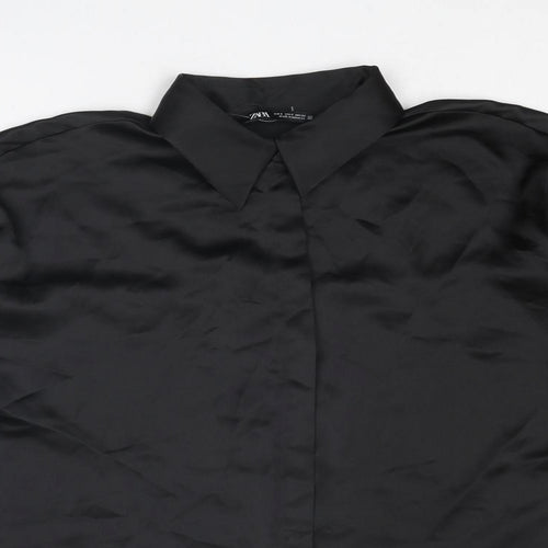 Zara Womens Black Polyester Basic Button-Up Size S Collared