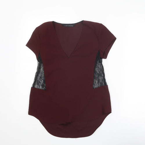 Zara Womens Red Polyester Basic Blouse Size S V-Neck - Lace Insert