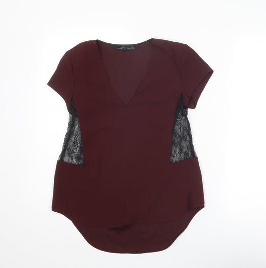 Zara Womens Red Polyester Basic Blouse Size S V-Neck - Lace Insert