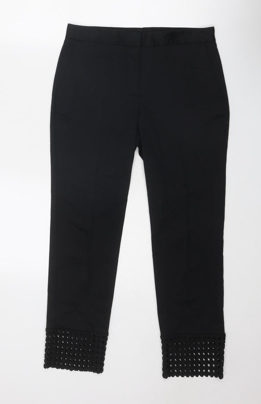 Zara Womens Black Cotton Trousers Size S Regular Zip - Hem Detail