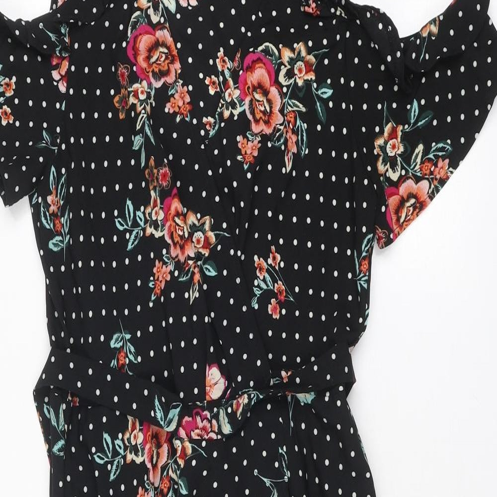 KILKY Womens Black Floral Polyester Trapeze & Swing Size M Round Neck Pullover - Cold shoulder