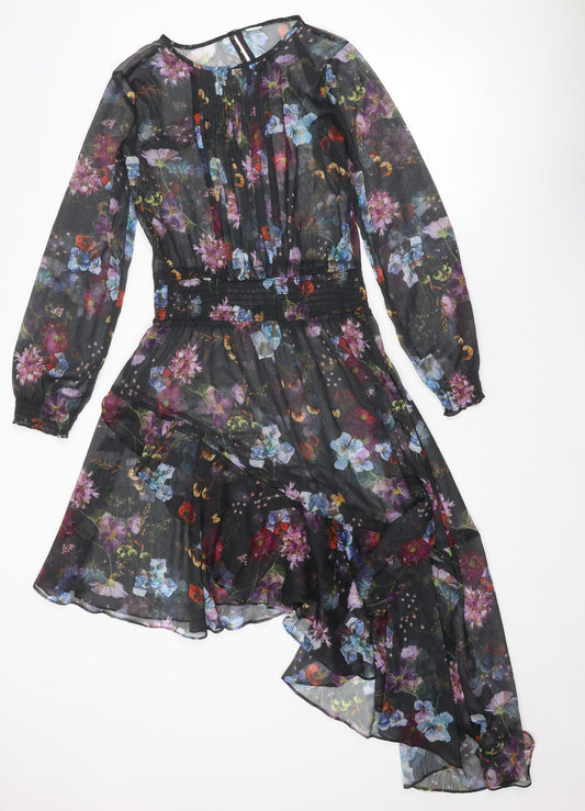 NEXT Girls Black Floral Polyester A-Line Size 14 Years Boat Neck Button