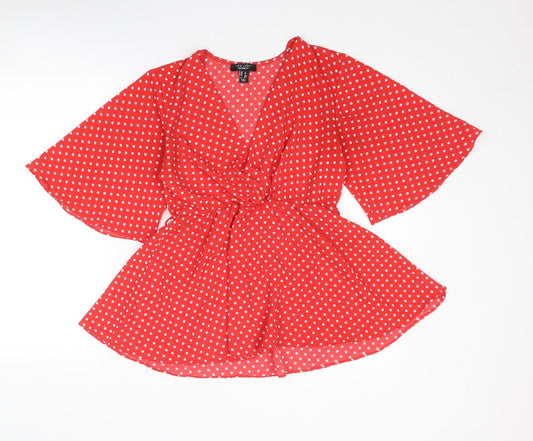 New Look Womens Red Polka Dot Polyester Basic Blouse Size 8 V-Neck - Wide Sleeve