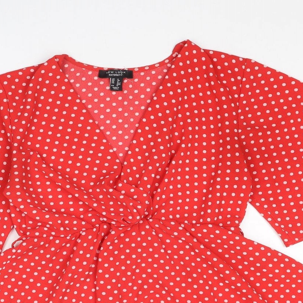 New Look Womens Red Polka Dot Polyester Basic Blouse Size 8 V-Neck - Wide Sleeve