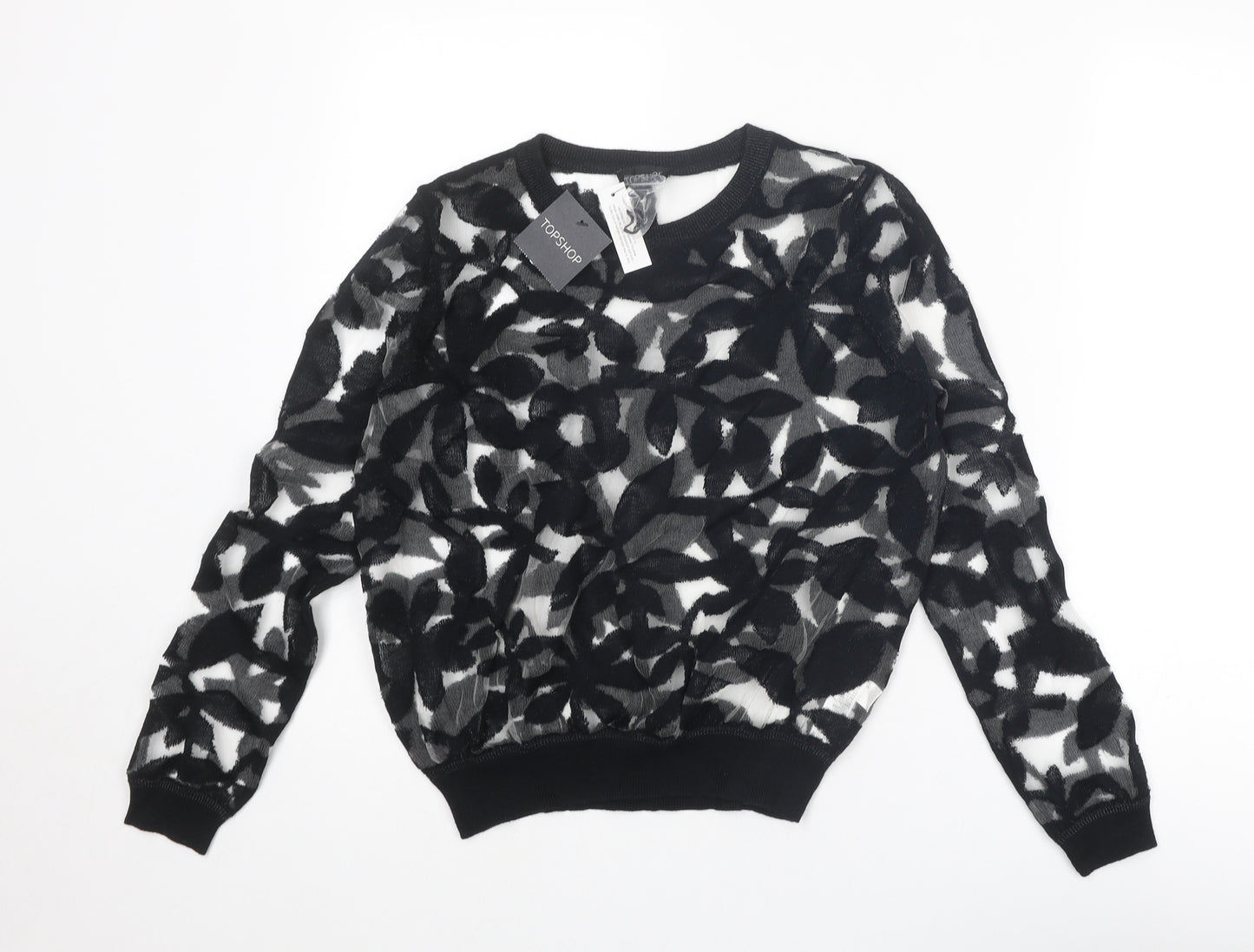 Topshop Womens Black Round Neck Geometric Cotton Pullover Jumper Size 8