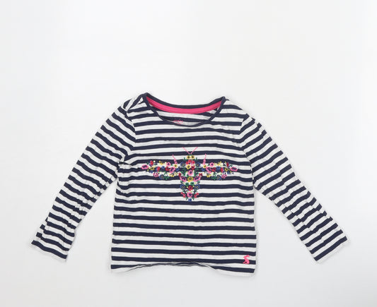 Joules Girls Blue Striped Cotton Pullover T-Shirt Size 3 Years Boat Neck Pullover - Floral Detail