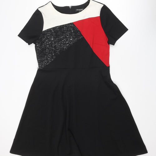 Debenhams Womens Black Colourblock Polyester Fit & Flare Size 16 Round Neck Zip