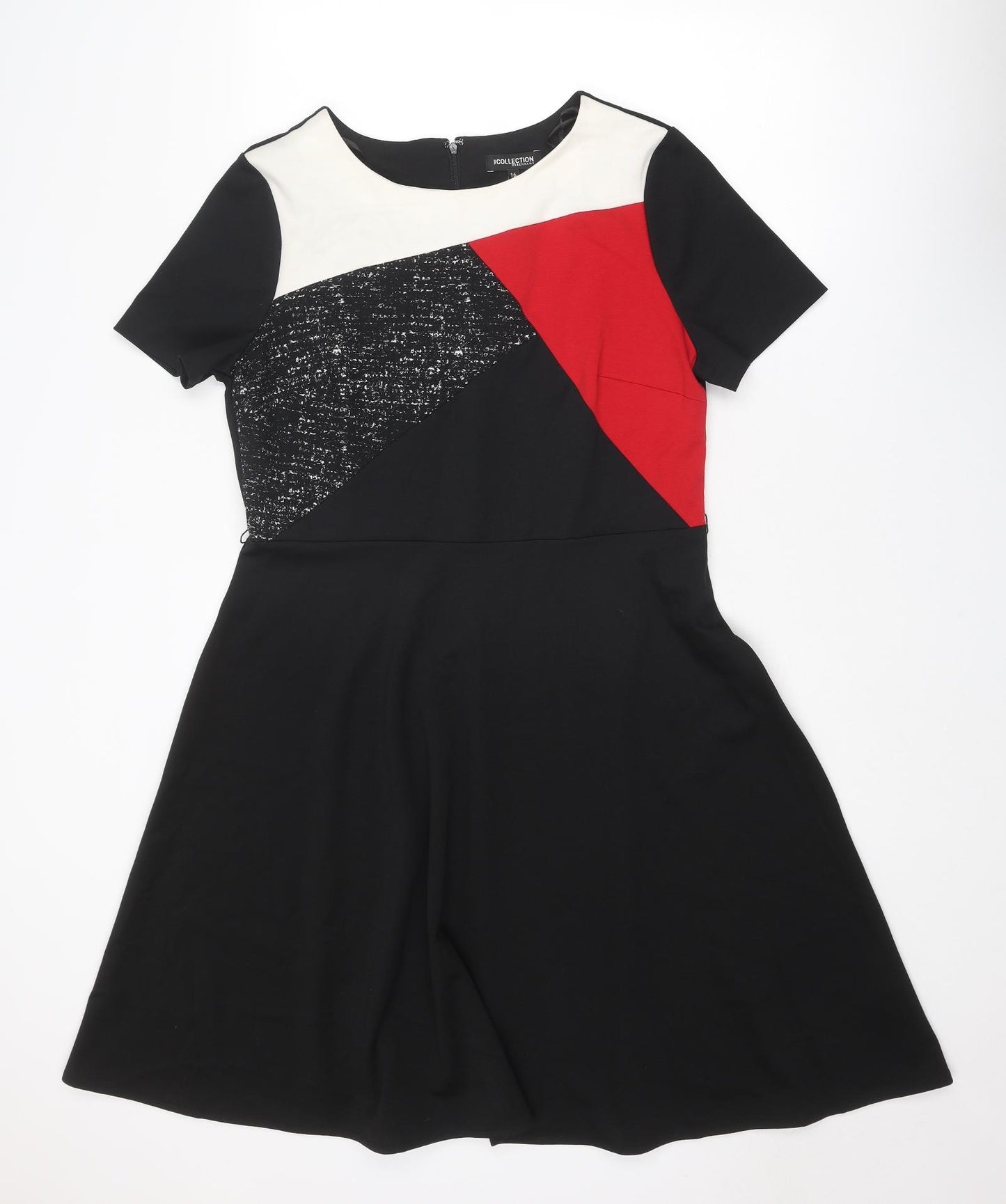 Debenhams Womens Black Colourblock Polyester Fit & Flare Size 16 Round Neck Zip