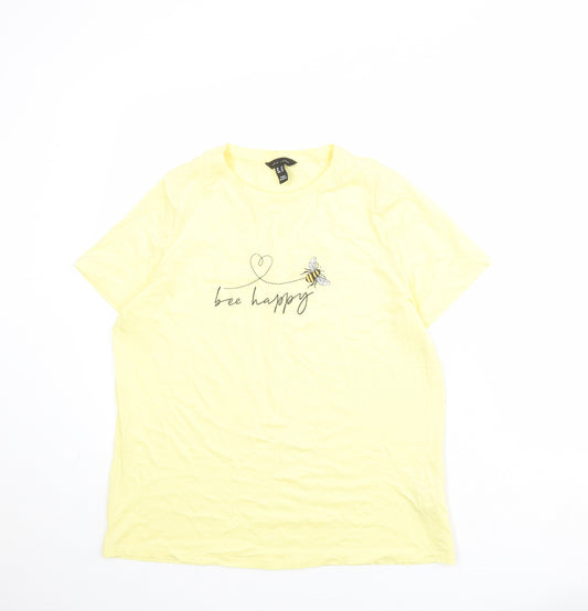 New Look Womens Yellow 100% Cotton Basic T-Shirt Size 14 Round Neck - Bee Happy