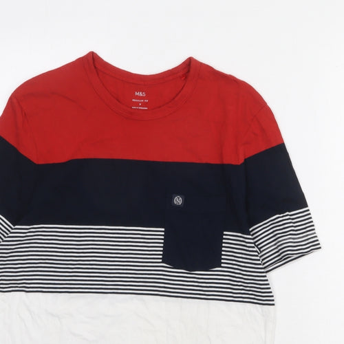 Marks and Spencer Mens Multicoloured Striped Cotton T-Shirt Size S Round Neck