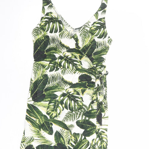 H&M Womens Multicoloured Geometric Cotton Tank Dress Size M V-Neck Tie - Leaf pattern