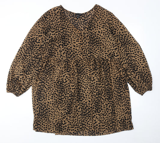 New Look Womens Brown Animal Print Polyester A-Line Size 16 V-Neck Button - Cheetah pattern