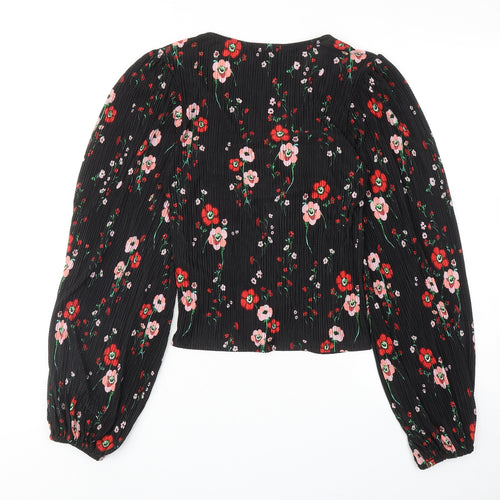 Topshop Womens Black Floral Polyester Basic Blouse Size 8 V-Neck