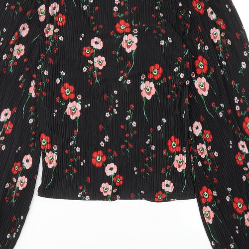 Topshop Womens Black Floral Polyester Basic Blouse Size 8 V-Neck
