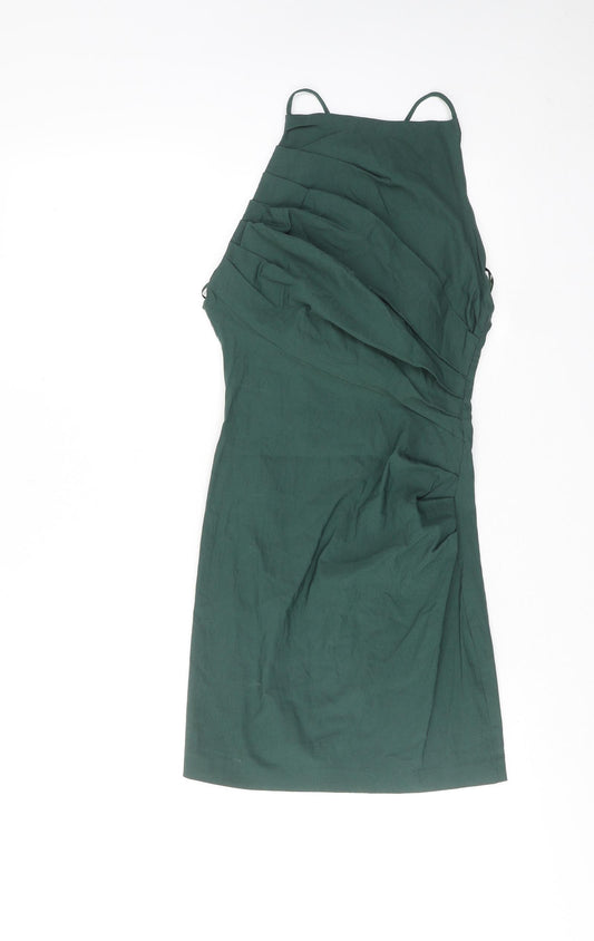 Zara Womens Green Cotton Bodycon Size S Square Neck Zip