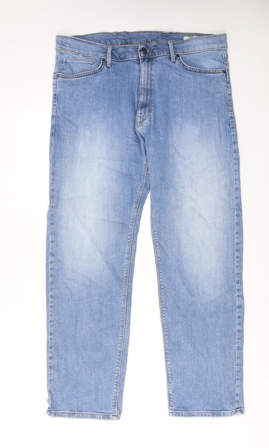 Marks and Spencer Mens Blue Cotton Straight Jeans Size 38 in L29 in Regular Zip