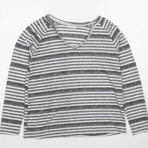 Encuentro Womens Grey V-Neck Striped Polyester Pullover Jumper Size S