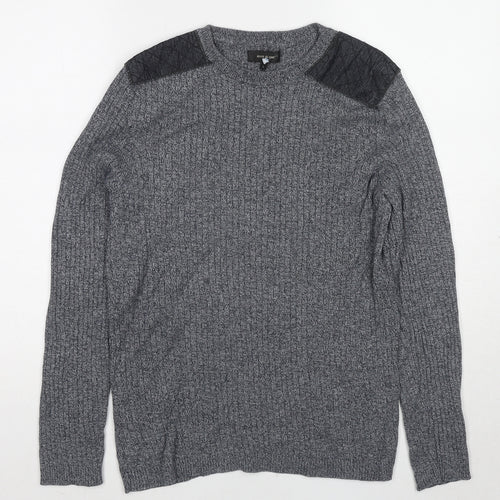 River Island Mens Grey Round Neck Cotton Pullover Jumper Size L Long Sleeve