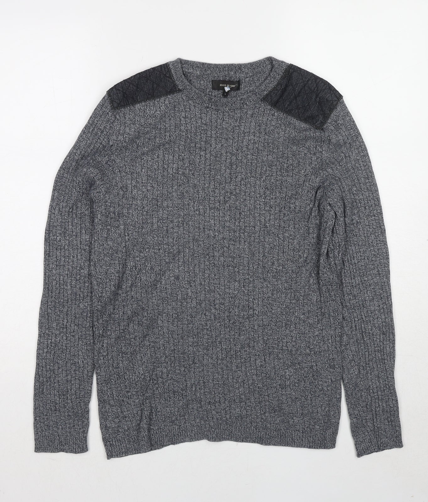 River Island Mens Grey Round Neck Cotton Pullover Jumper Size L Long Sleeve