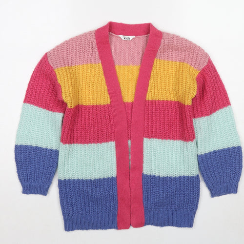 M&Co Girls Multicoloured V-Neck Striped Acrylic Cardigan Jumper Size 9-10 Years Pullover