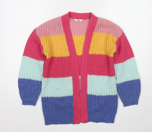 M&Co Girls Multicoloured V-Neck Striped Acrylic Cardigan Jumper Size 9-10 Years Pullover