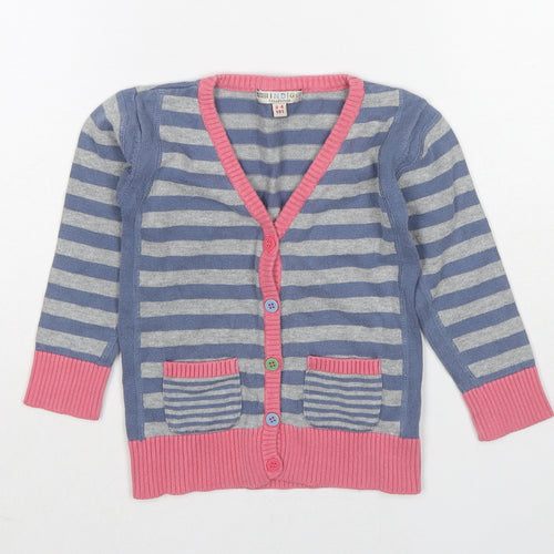 Indigo Girls Multicoloured V-Neck Striped Cotton Cardigan Jumper Size 3-4 Years Button