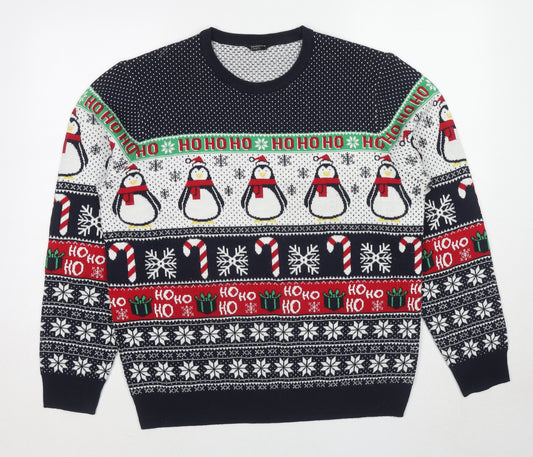 M&Co Mens Multicoloured Round Neck Fair Isle Acrylic Pullover Jumper Size L Long Sleeve - HO HO HO Penguin Christmas