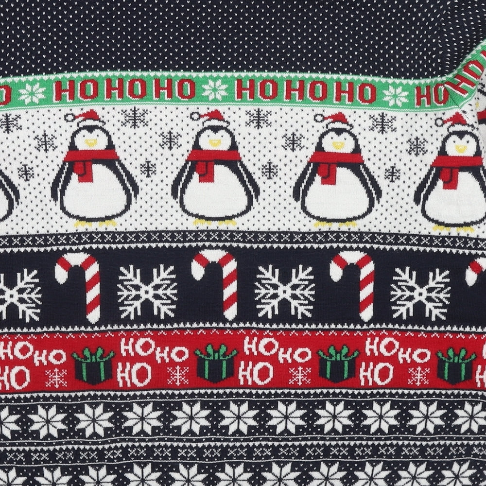 M&Co Mens Multicoloured Round Neck Fair Isle Acrylic Pullover Jumper Size L Long Sleeve - HO HO HO Penguin Christmas