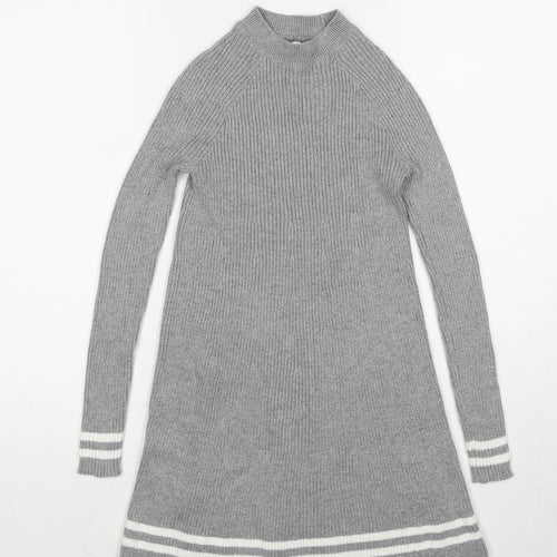 abercrombie kids Girls Grey Cotton Jumper Dress Size 9-10 Years Mock Neck Pullover - Stripe Detail