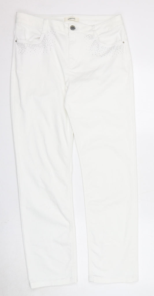 Marks and Spencer Womens White Cotton Straight Jeans Size 12 L29 in Regular Zip - Embellished Pockets