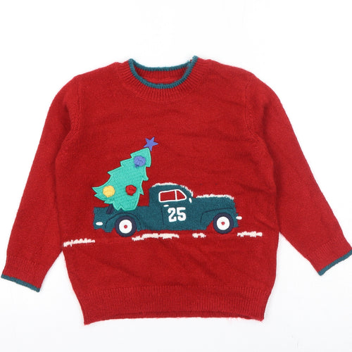 Marks and Spencer Boys Red Crew Neck Acrylic Pullover Jumper Size 2-3 Years Pullover - Christmas Tree