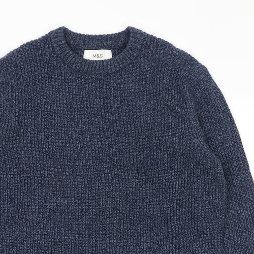 Marks and Spencer Mens Blue Round Neck Wool Pullover Jumper Size S Long Sleeve