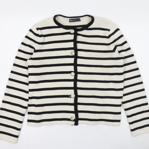 Marks and Spencer Womens Ivory Round Neck Striped Cotton Cardigan Jumper Size M