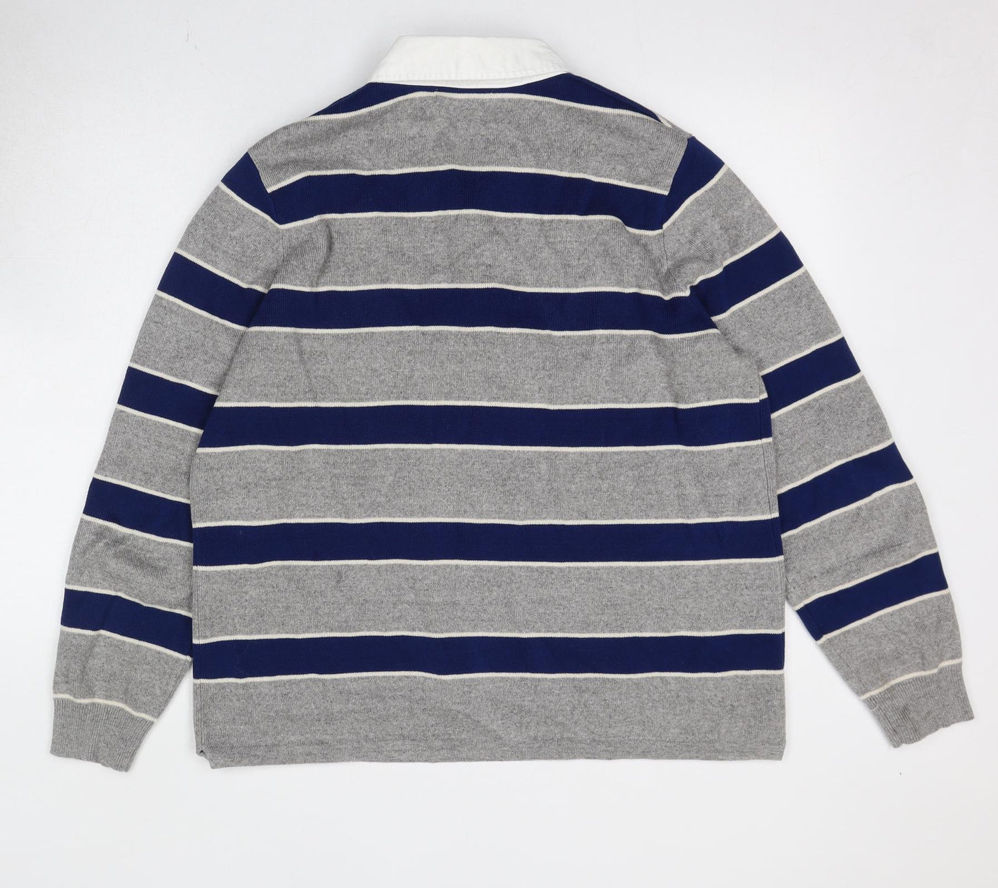 Marks and Spencer Mens Grey Collared Striped Cotton Pullover Jumper Size XL Long Sleeve