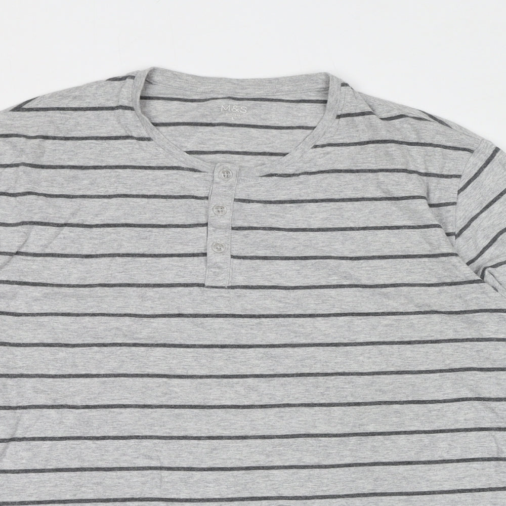 Marks and Spencer Mens Grey Striped Polyester T-Shirt Size L Henley