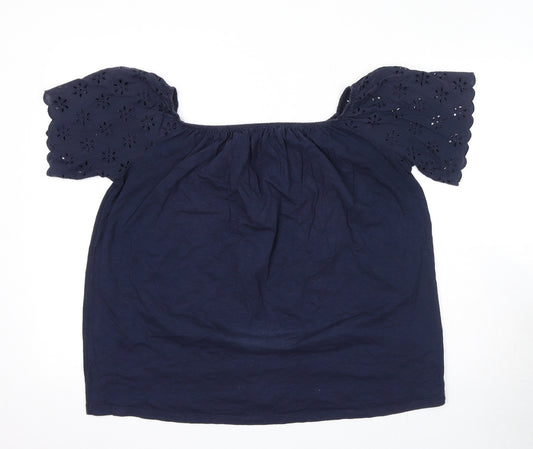 Marks and Spencer Womens Blue Cotton Basic Blouse Size 16 Off the Shoulder - Broderie Anglaise Detail
