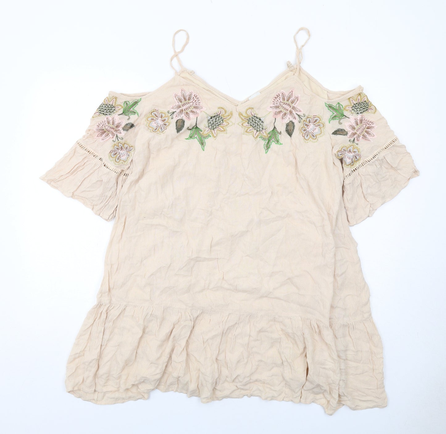 River Island Womens Beige Viscose Camisole Blouse Size 16 V-Neck - Flower Embroidery Cold Shoulder