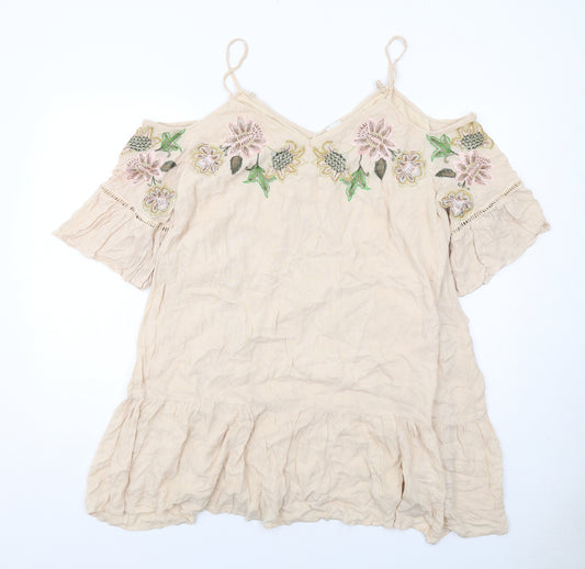 River Island Womens Beige Viscose Camisole Blouse Size 16 V-Neck - Flower Embroidery Cold Shoulder