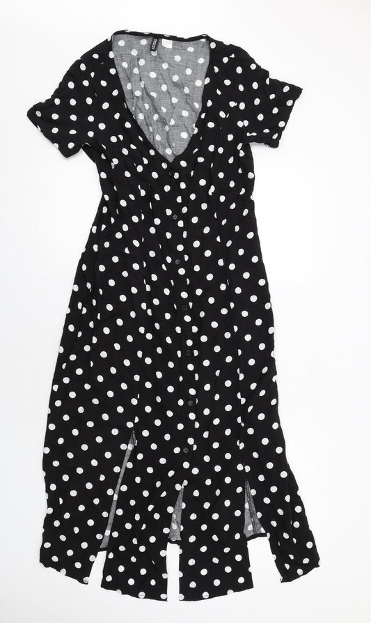 H&M Womens Black Polka Dot Viscose Trapeze & Swing Size 14 V-Neck Button