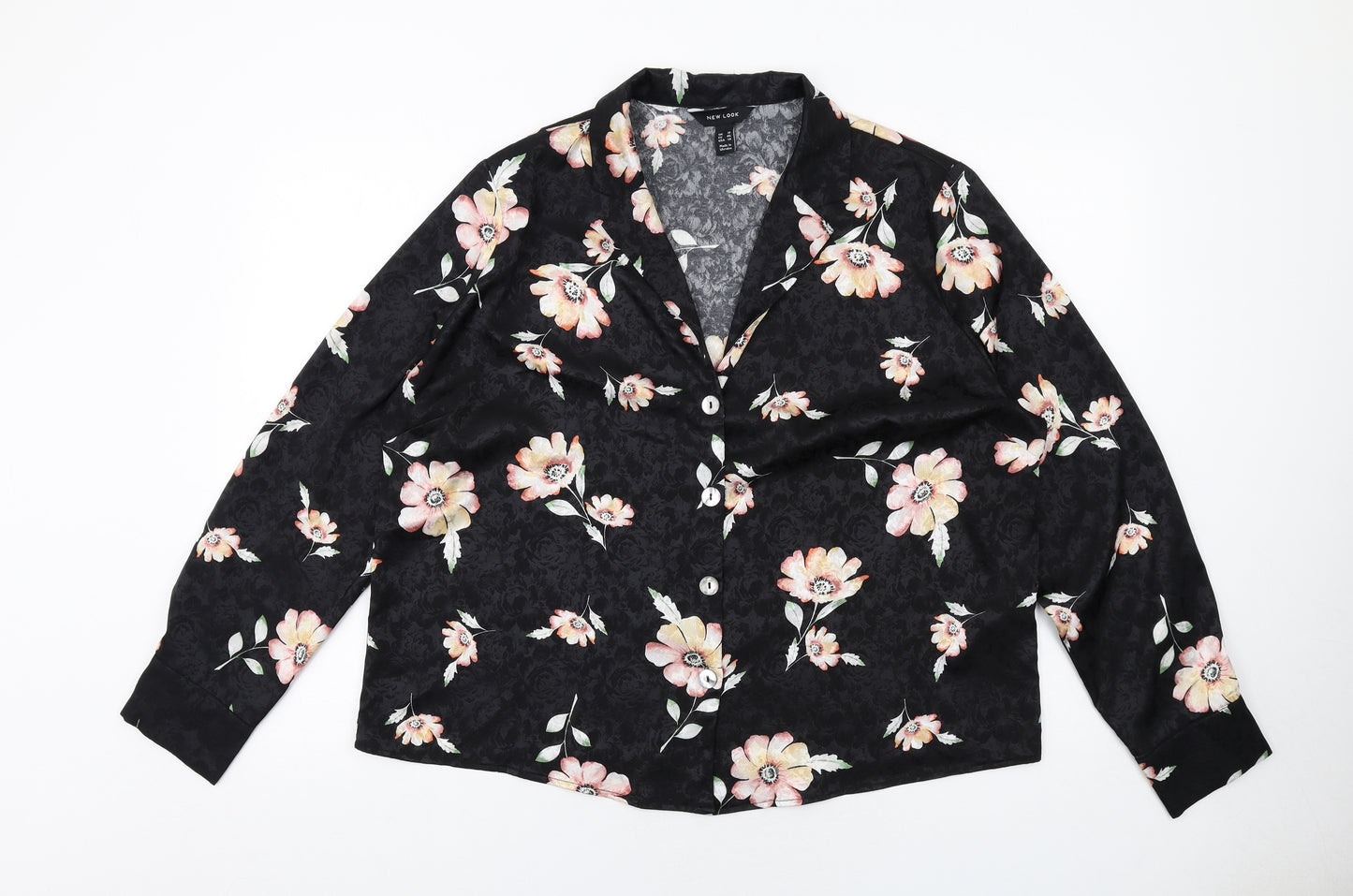 New Look Womens Black Floral Polyester Basic Button-Up Size 18 Collared