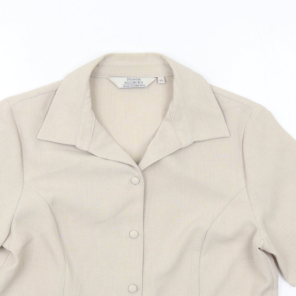 EWM Womens Beige Polyester Basic Button-Up Size 10 Collared