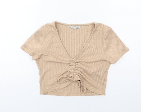Pull&Bear Womens Beige Viscose Cropped T-Shirt Size M V-Neck - Drawstring