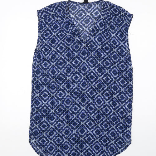H&M Womens Blue Geometric Polyester A-Line Size 8 V-Neck Pullover
