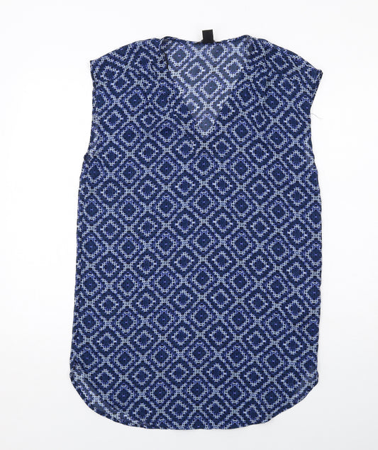 H&M Womens Blue Geometric Polyester A-Line Size 8 V-Neck Pullover
