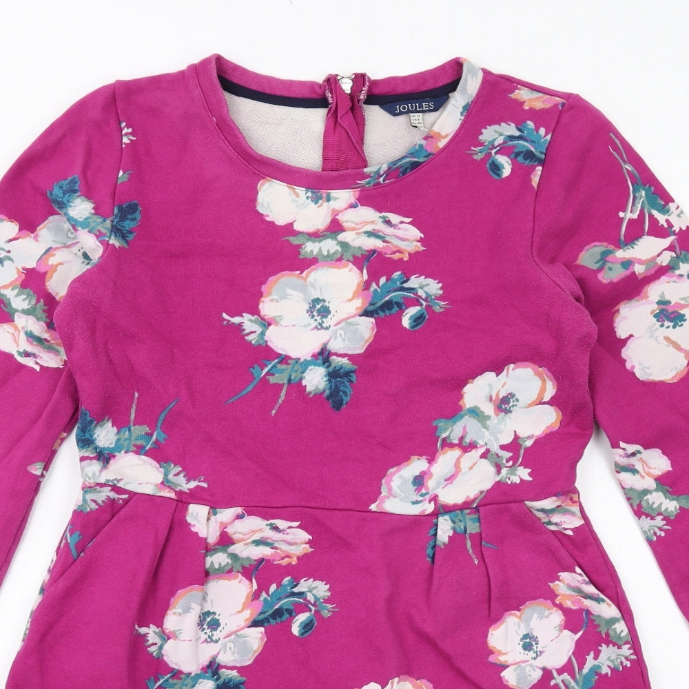 Joules Womens Pink Floral Cotton A-Line Size 12 Round Neck Zip