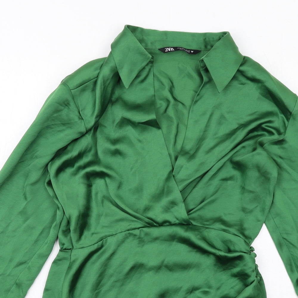 Zara Womens Green Polyester A-Line Size S Collared Zip