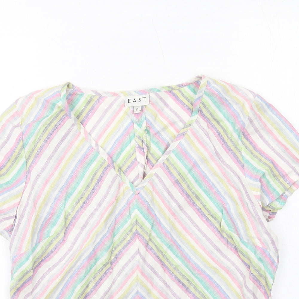 BEAST Womens Multicoloured Striped Linen Basic Blouse Size 14 V-Neck